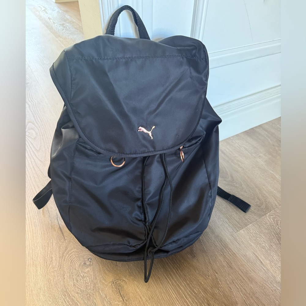 Puma black cat rival backpack with rose gold detailing
